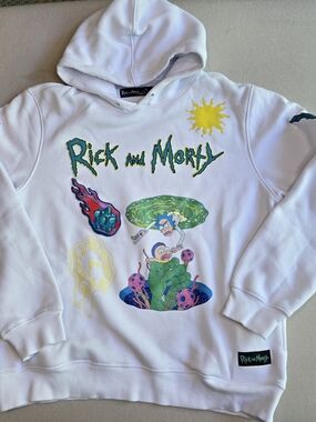 Rick and Morty X-Large Pullover Hoodie White Kangaroo Pocket Sweatshirt